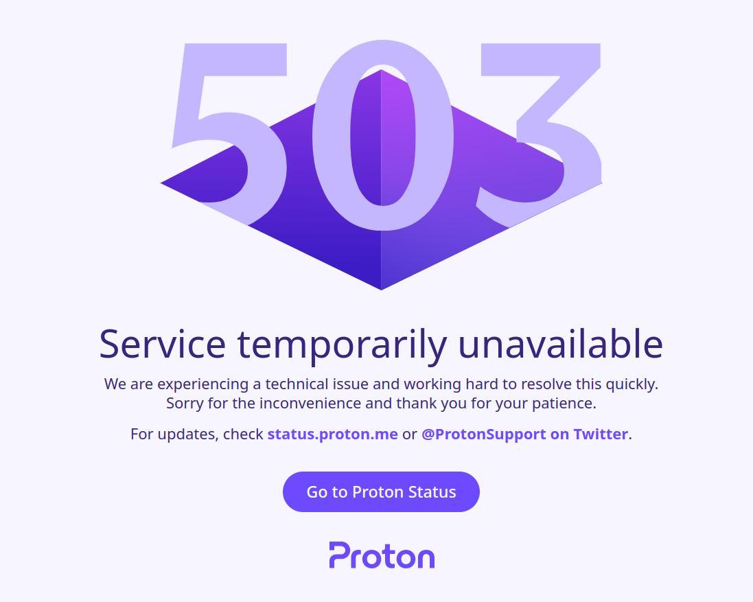 Ошибка service temporarily unavailable. Protonmail logo.